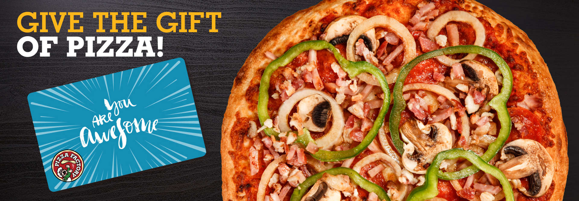 Give The Gift of Pizza! Large Veggie Pizza with a blue giftcard that says 'you are awesome'