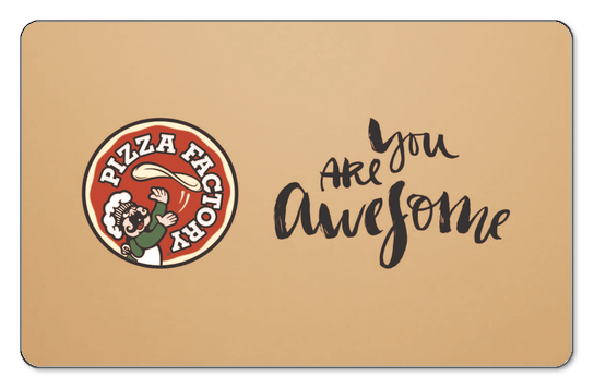 pizza factory logo on a tan background