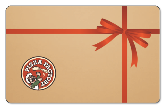 pizza factory logo on a light tan color background with red ribbon bow